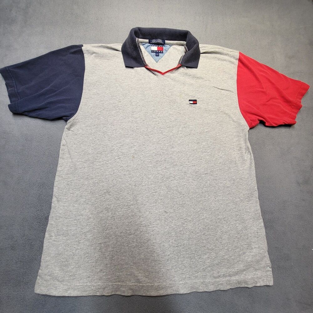 Tommy Hilfiger Polo Shirt Mens L Gray V Neck‎ Short Sleeve